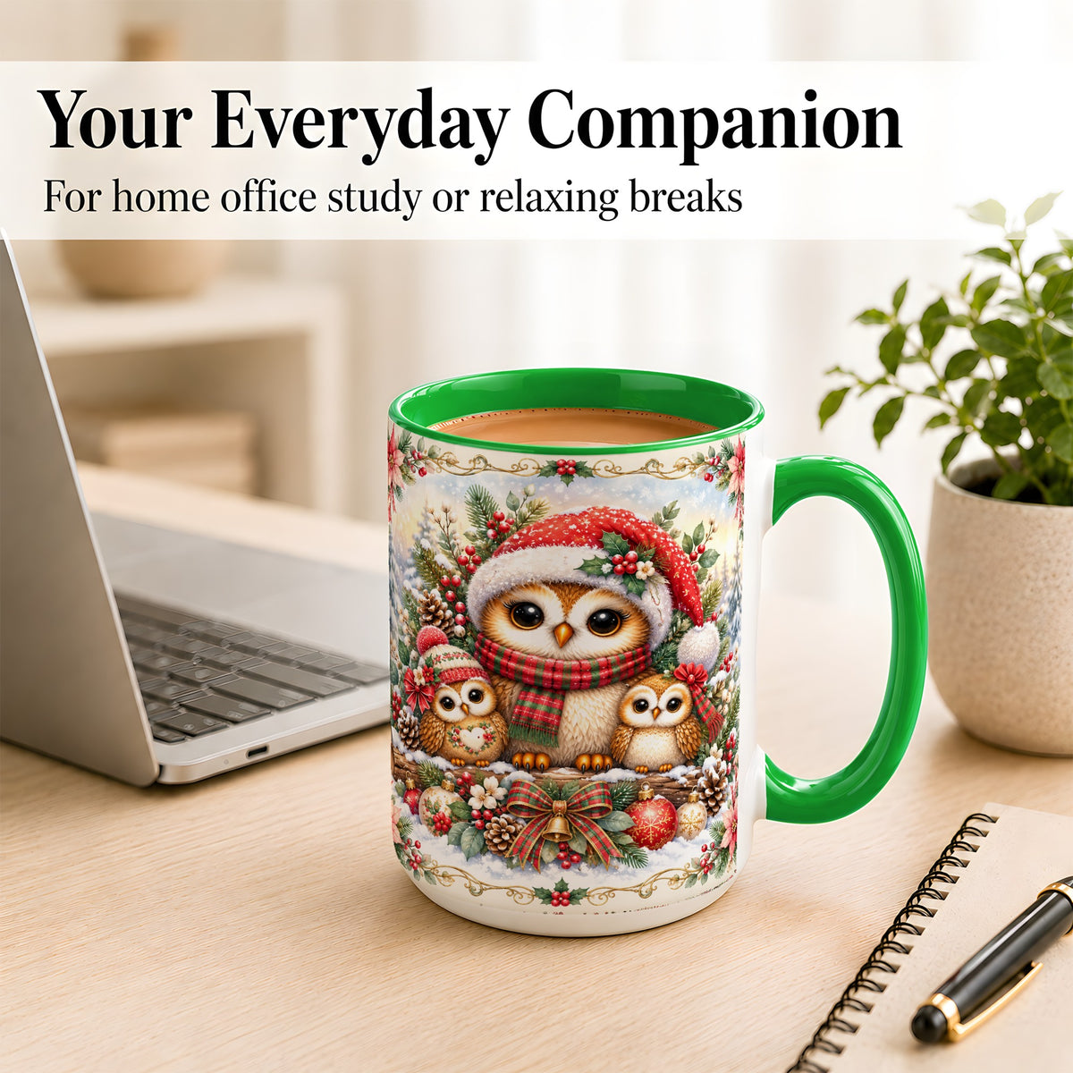 #pl[15oz|Green] Vintage Owl Family Coffee Mug, Christmas Owl Mug, Ceramic Cup