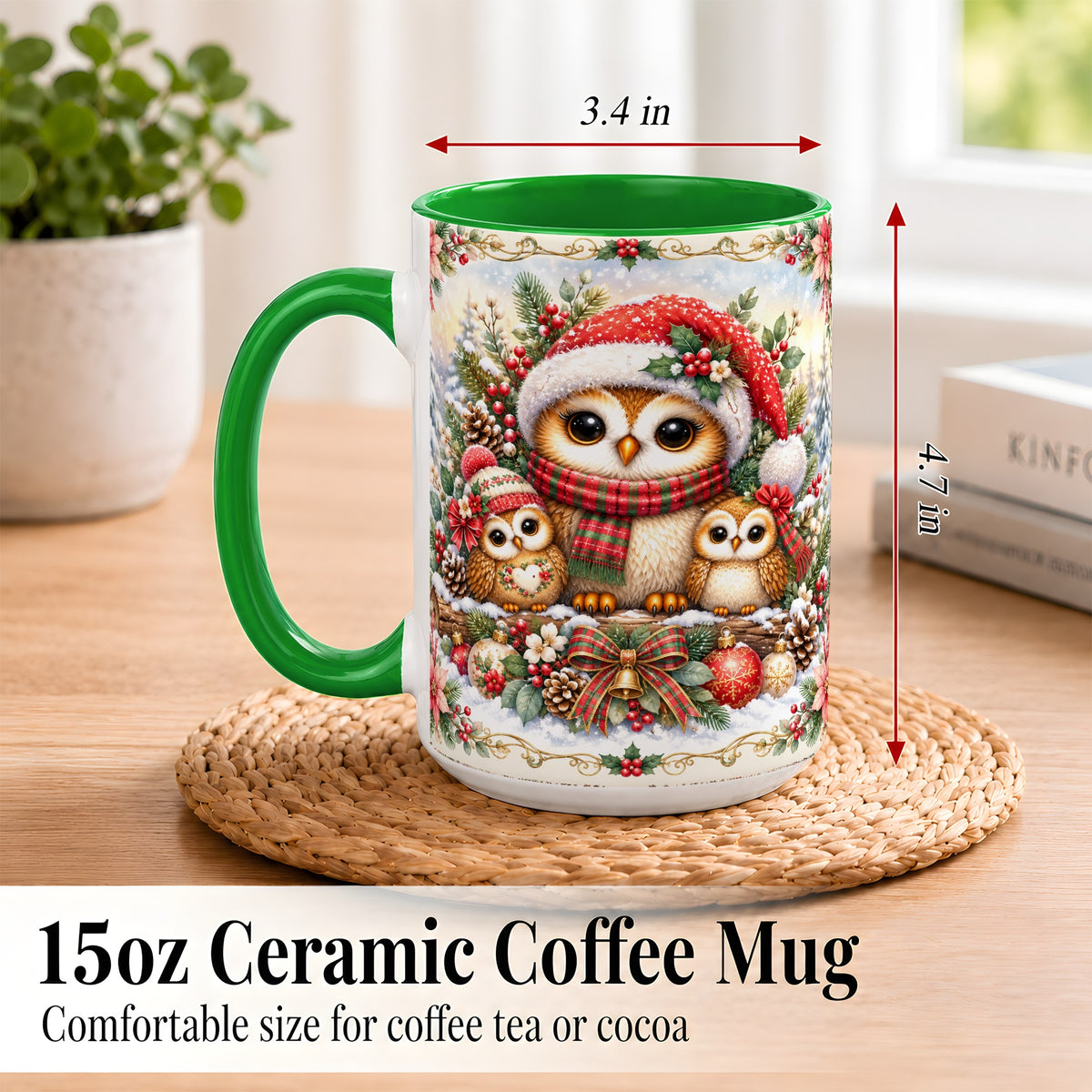 #pl[15oz|Green] Vintage Owl Family Coffee Mug, Christmas Owl Mug, Ceramic Cup
