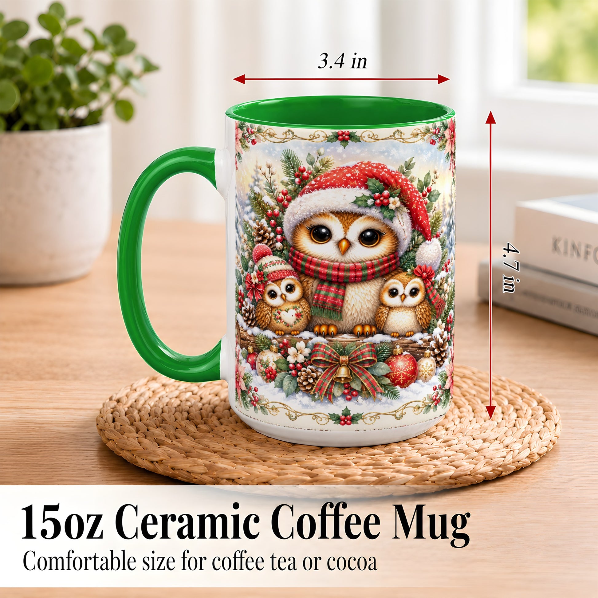 #pl[15oz|Green] Vintage Owl Family Coffee Mug, Christmas Owl Mug, Ceramic Cup