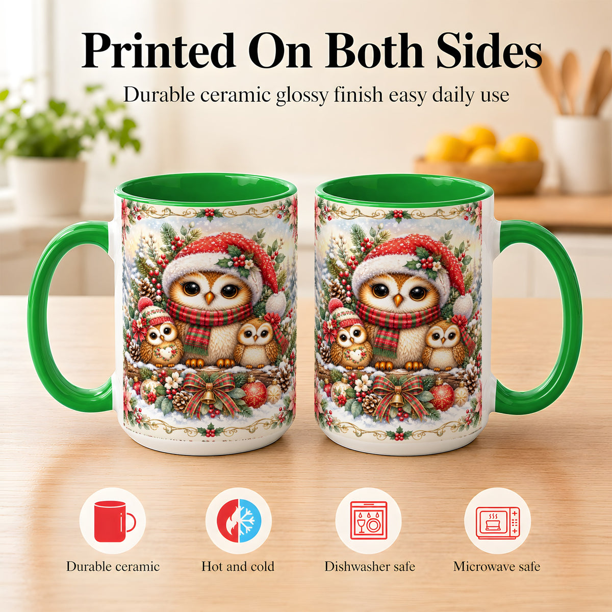 #pl[15oz|Green] Vintage Owl Family Coffee Mug, Christmas Owl Mug, Ceramic Cup