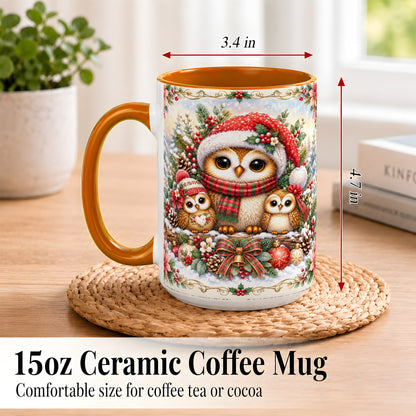 #pl[15oz|Orange] Vintage Owl Family Coffee Mug, Christmas Owl Mug, Ceramic Cup