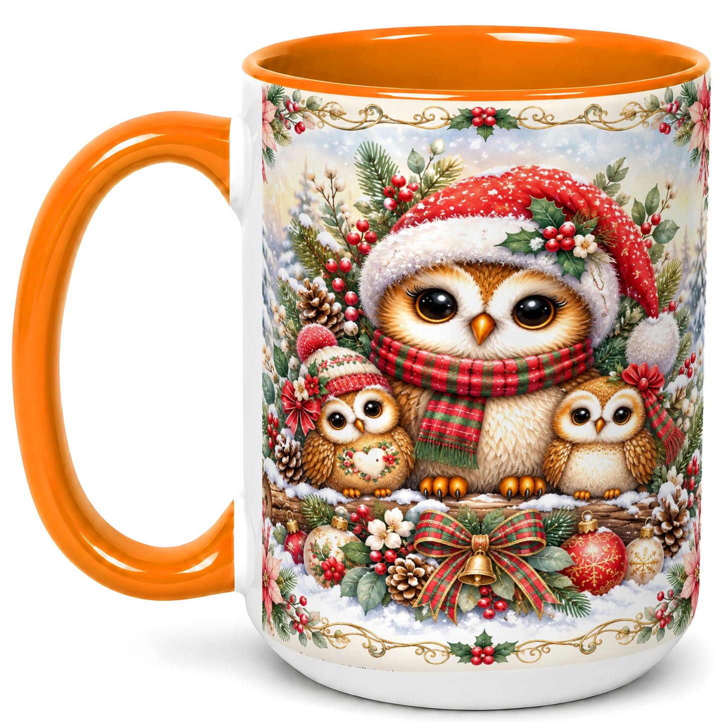 #pl[15oz|Orange] Vintage Owl Family Coffee Mug, Christmas Owl Mug, Ceramic Cup