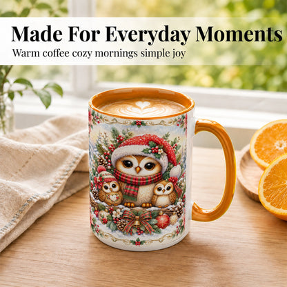 #pl[15oz|Orange] Vintage Owl Family Coffee Mug, Christmas Owl Mug, Ceramic Cup