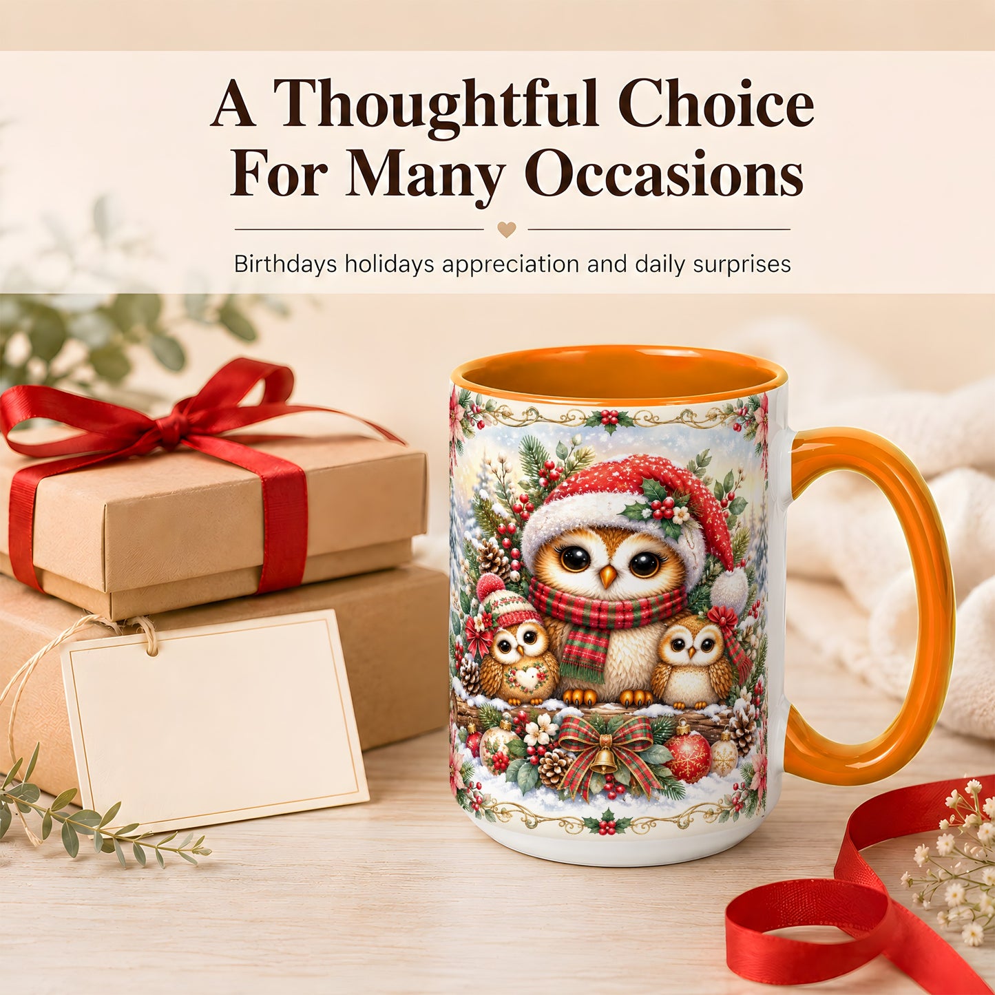 #pl[15oz|Orange] Vintage Owl Family Coffee Mug, Christmas Owl Mug, Ceramic Cup