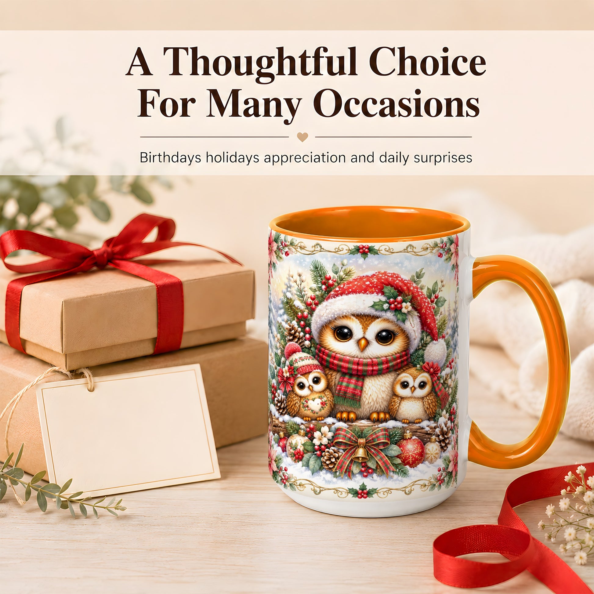 #pl[15oz|Orange] Vintage Owl Family Coffee Mug, Christmas Owl Mug, Ceramic Cup