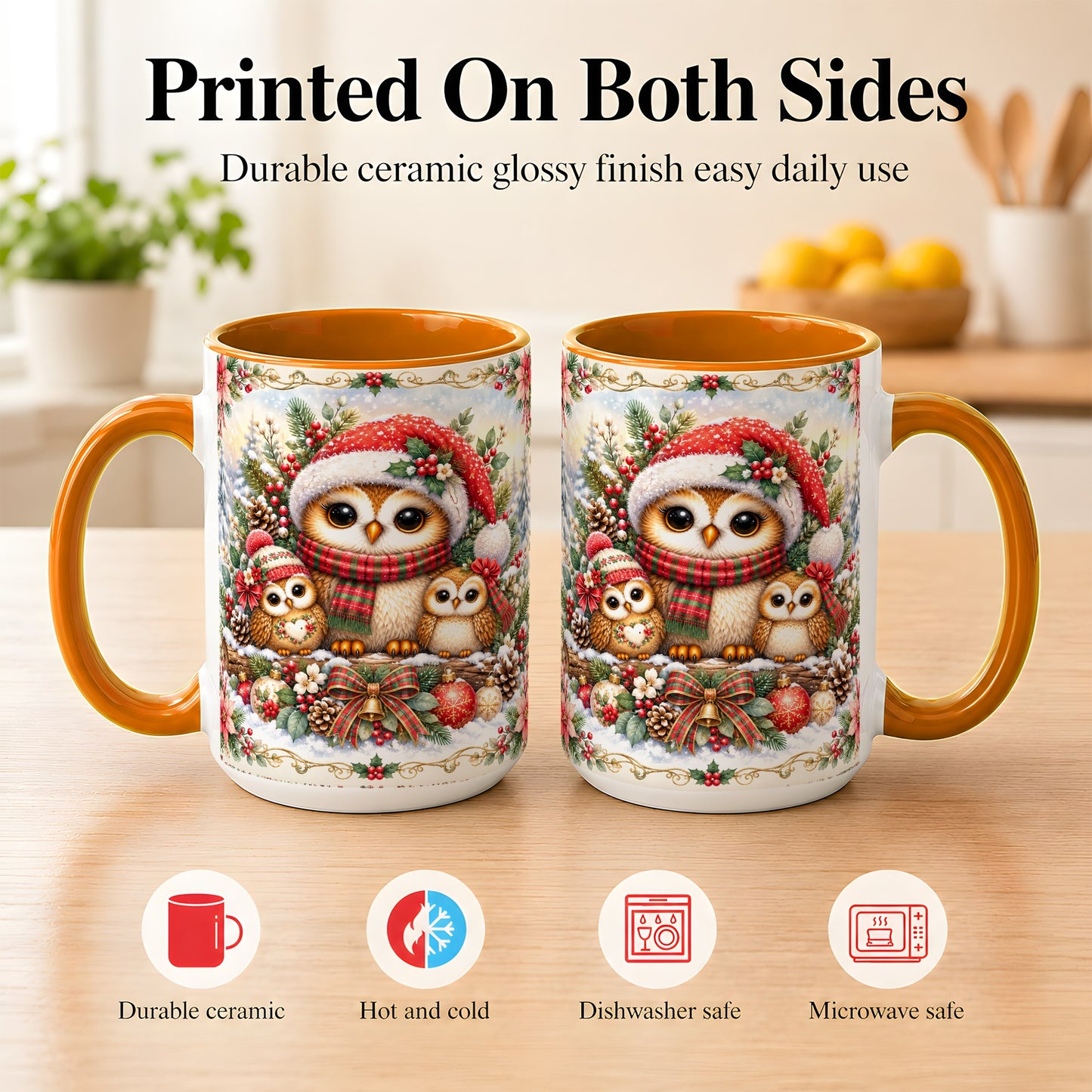 #pl[15oz|Orange] Vintage Owl Family Coffee Mug, Christmas Owl Mug, Ceramic Cup
