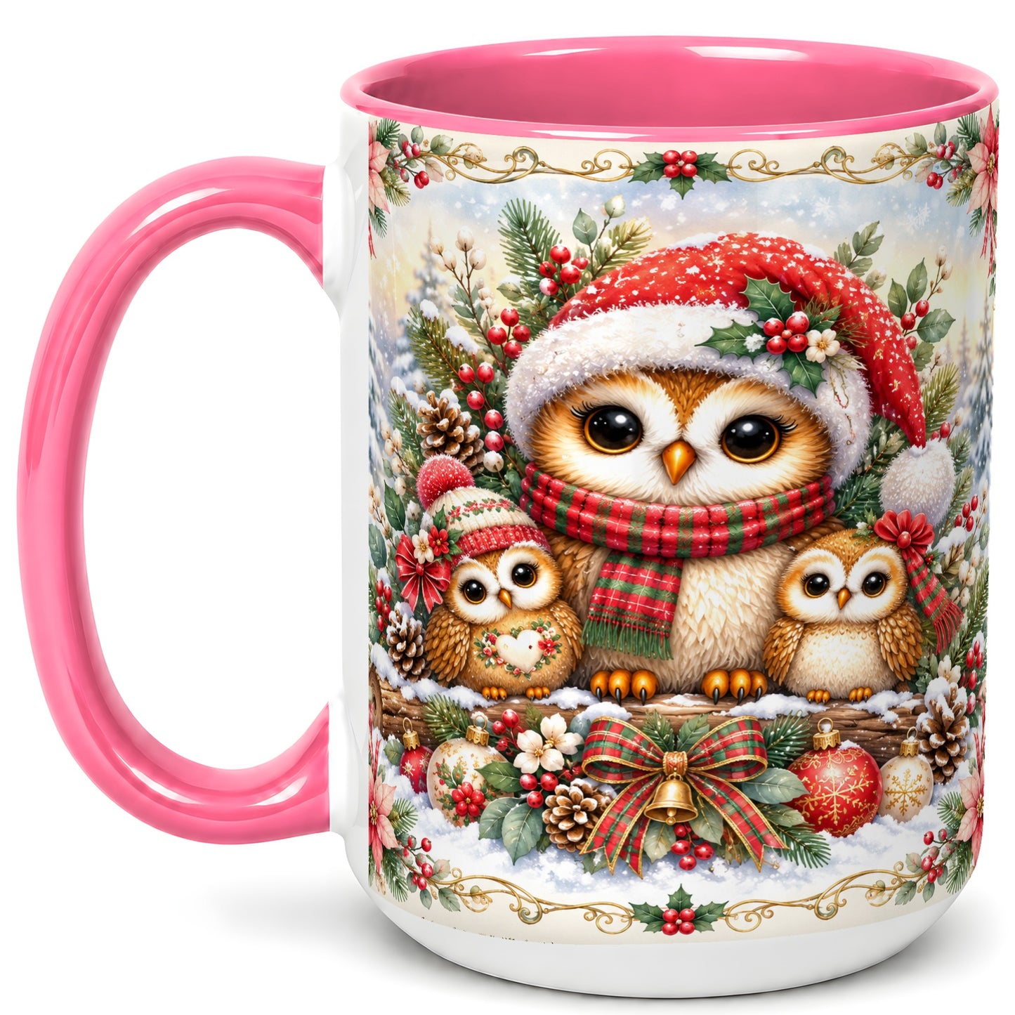 #pl[15oz|Pink] Vintage Owl Family Coffee Mug, Christmas Owl Mug, Ceramic Cup