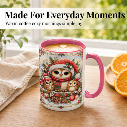 #pl[15oz|Pink] Vintage Owl Family Coffee Mug, Christmas Owl Mug, Ceramic Cup
