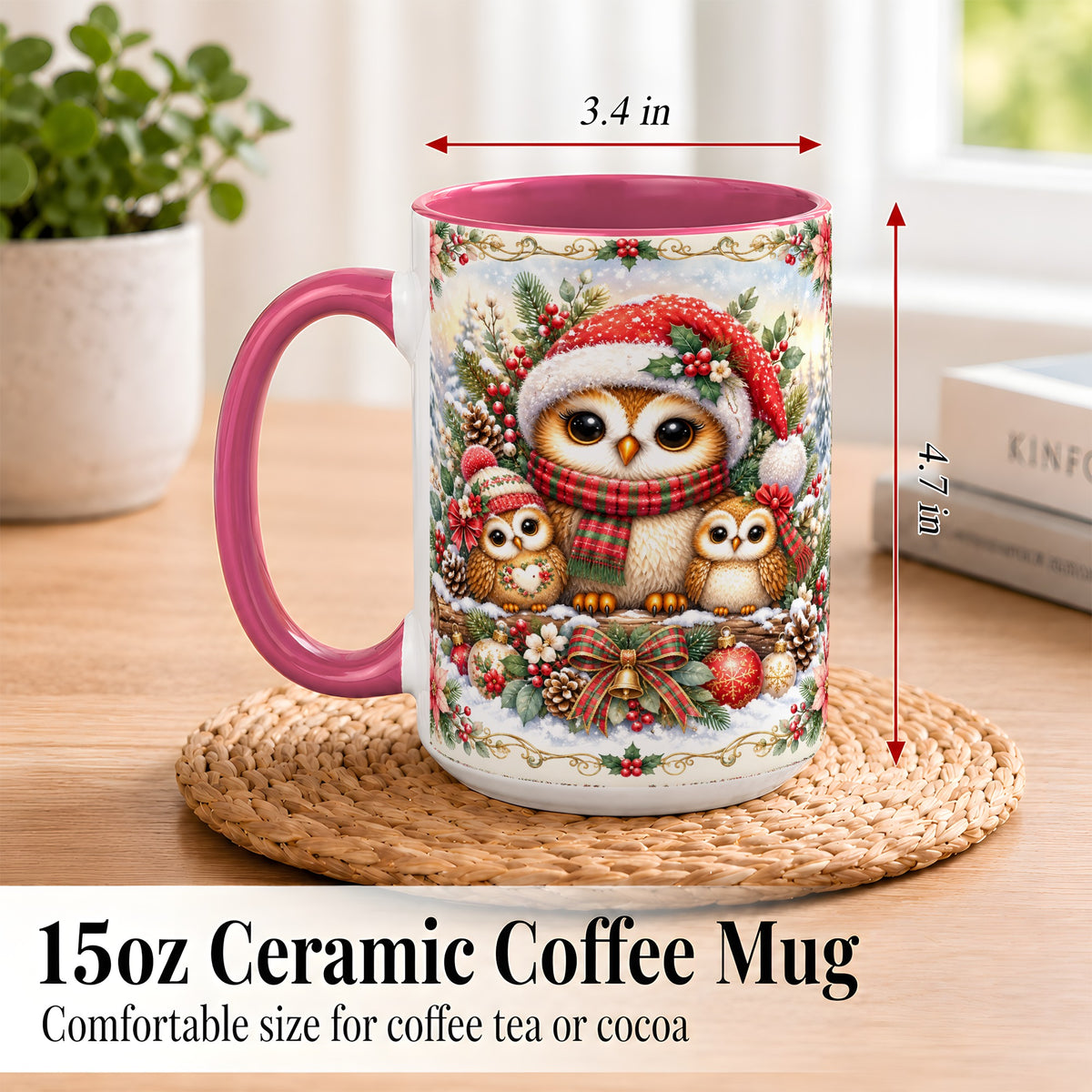 #pl[15oz|Pink] Vintage Owl Family Coffee Mug, Christmas Owl Mug, Ceramic Cup
