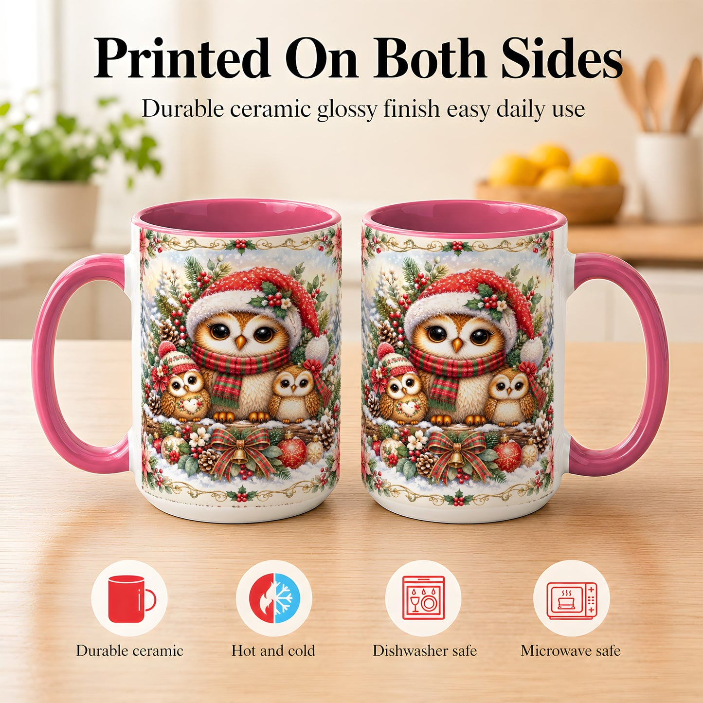 #pl[15oz|Pink] Vintage Owl Family Coffee Mug, Christmas Owl Mug, Ceramic Cup
