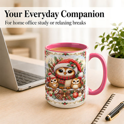 #pl[15oz|Pink] Vintage Owl Family Coffee Mug, Christmas Owl Mug, Ceramic Cup