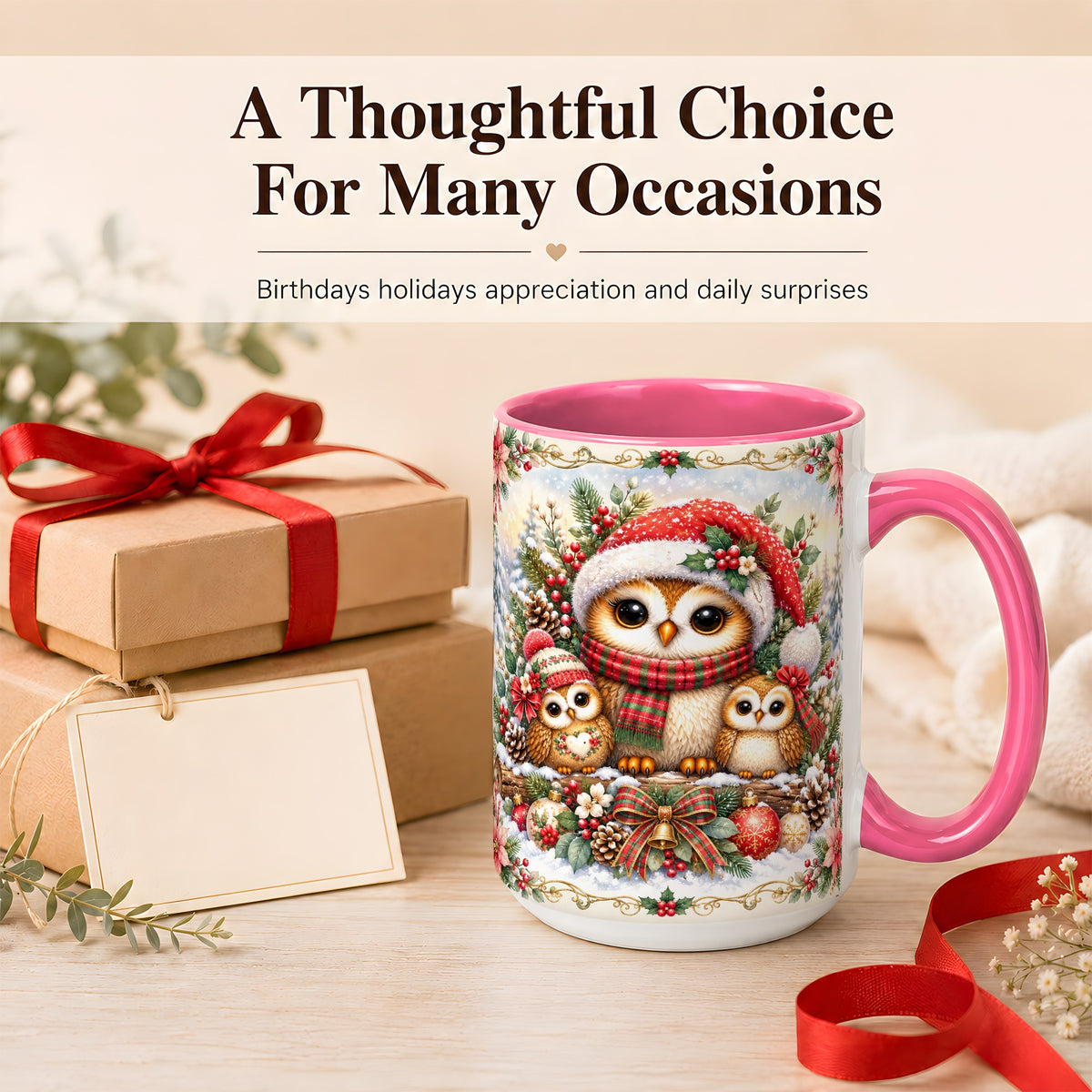 #pl[15oz|Pink] Vintage Owl Family Coffee Mug, Christmas Owl Mug, Ceramic Cup