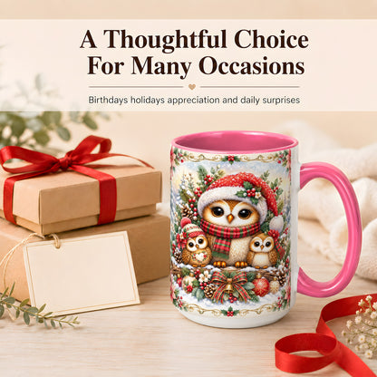 #pl[15oz|Pink] Vintage Owl Family Coffee Mug, Christmas Owl Mug, Ceramic Cup