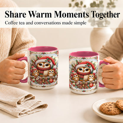 #pl[15oz|Pink] Vintage Owl Family Coffee Mug, Christmas Owl Mug, Ceramic Cup
