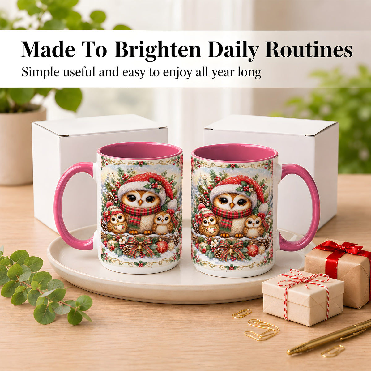 #pl[15oz|Pink] Vintage Owl Family Coffee Mug, Christmas Owl Mug, Ceramic Cup