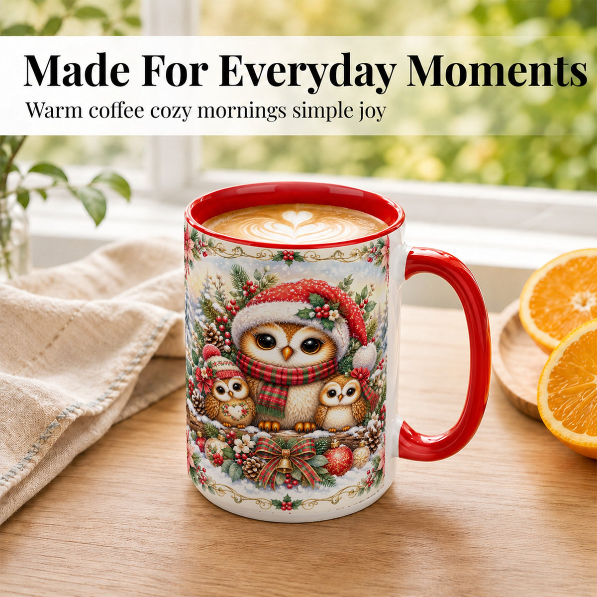 #pl[15oz|Red] Vintage Owl Family Coffee Mug, Christmas Owl Mug, Ceramic Cup