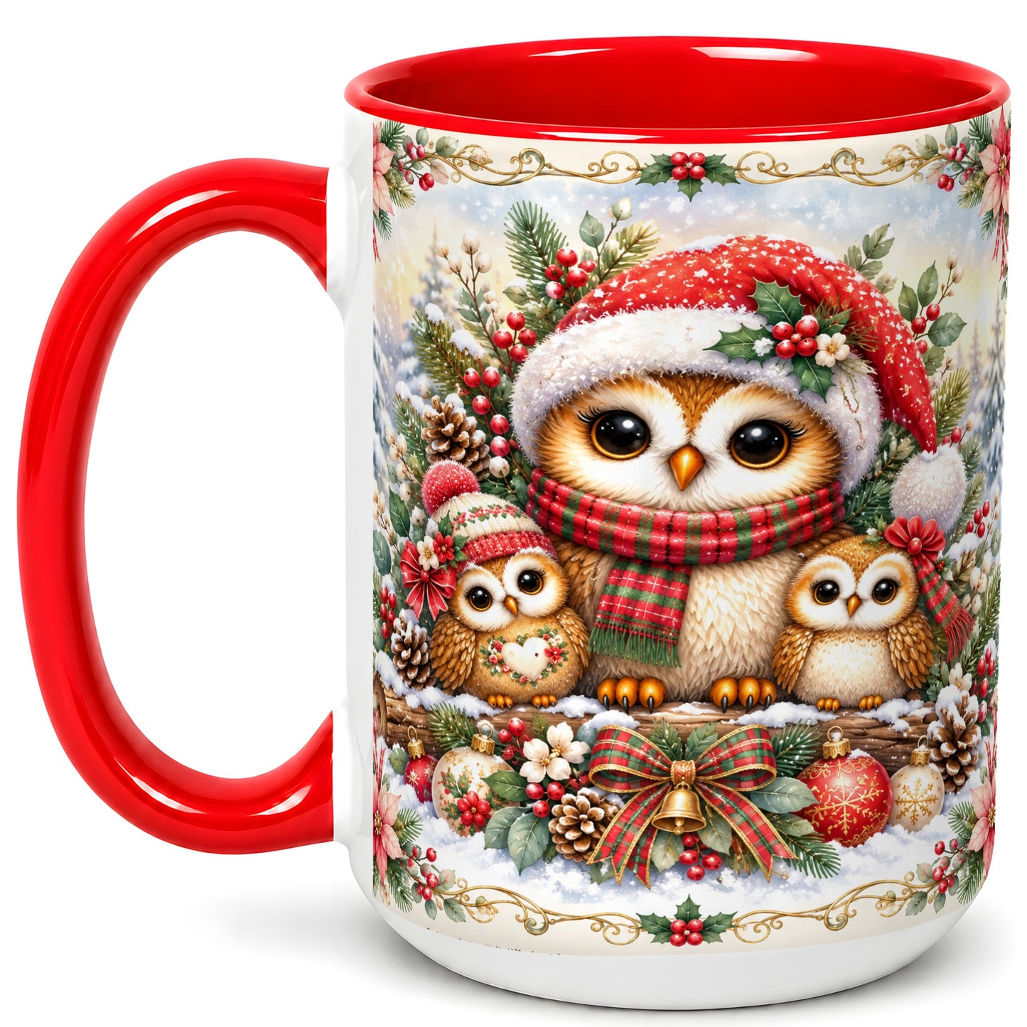 #pl[15oz|Red] Vintage Owl Family Coffee Mug, Christmas Owl Mug, Ceramic Cup