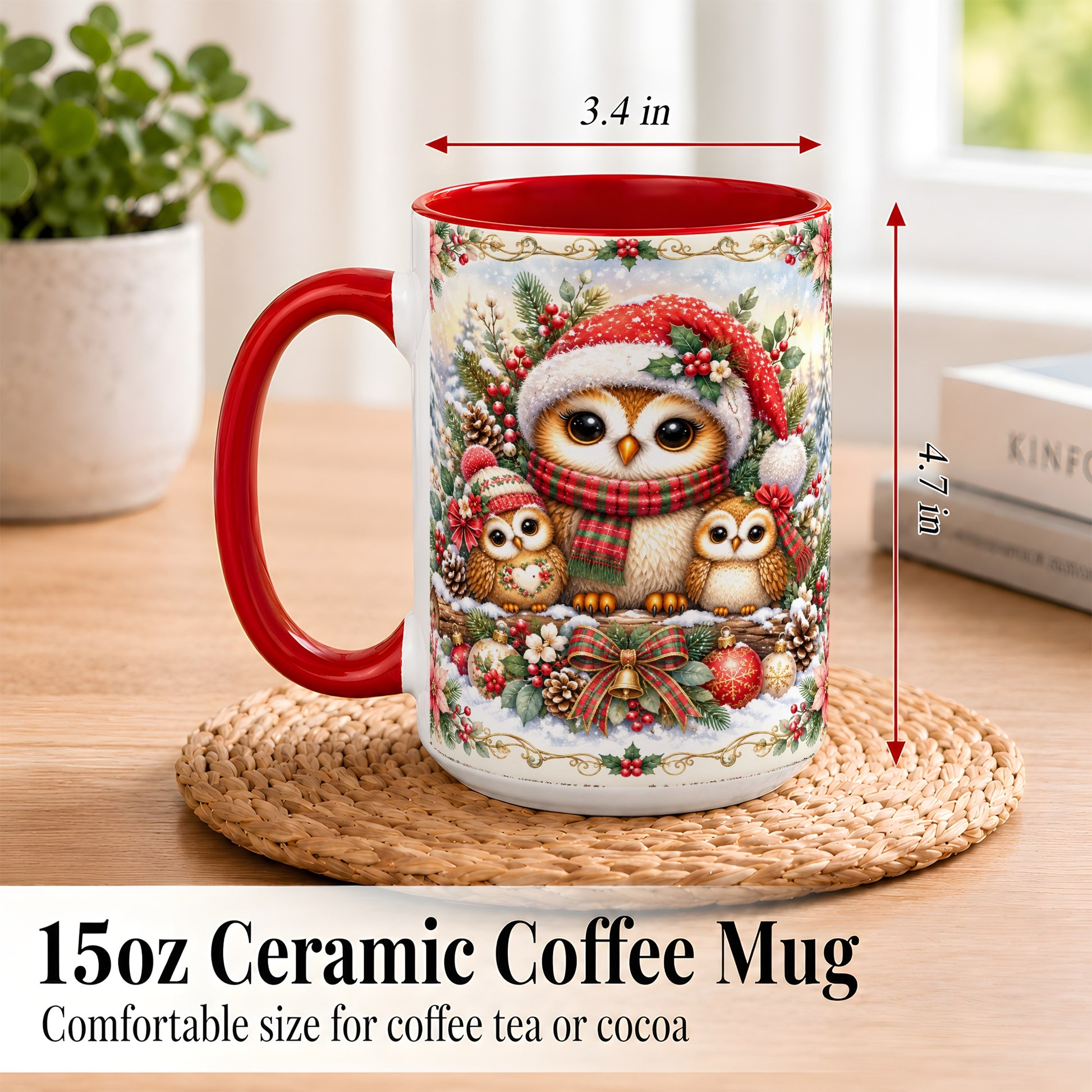 #pl[15oz|Red] Vintage Owl Family Coffee Mug, Christmas Owl Mug, Ceramic Cup