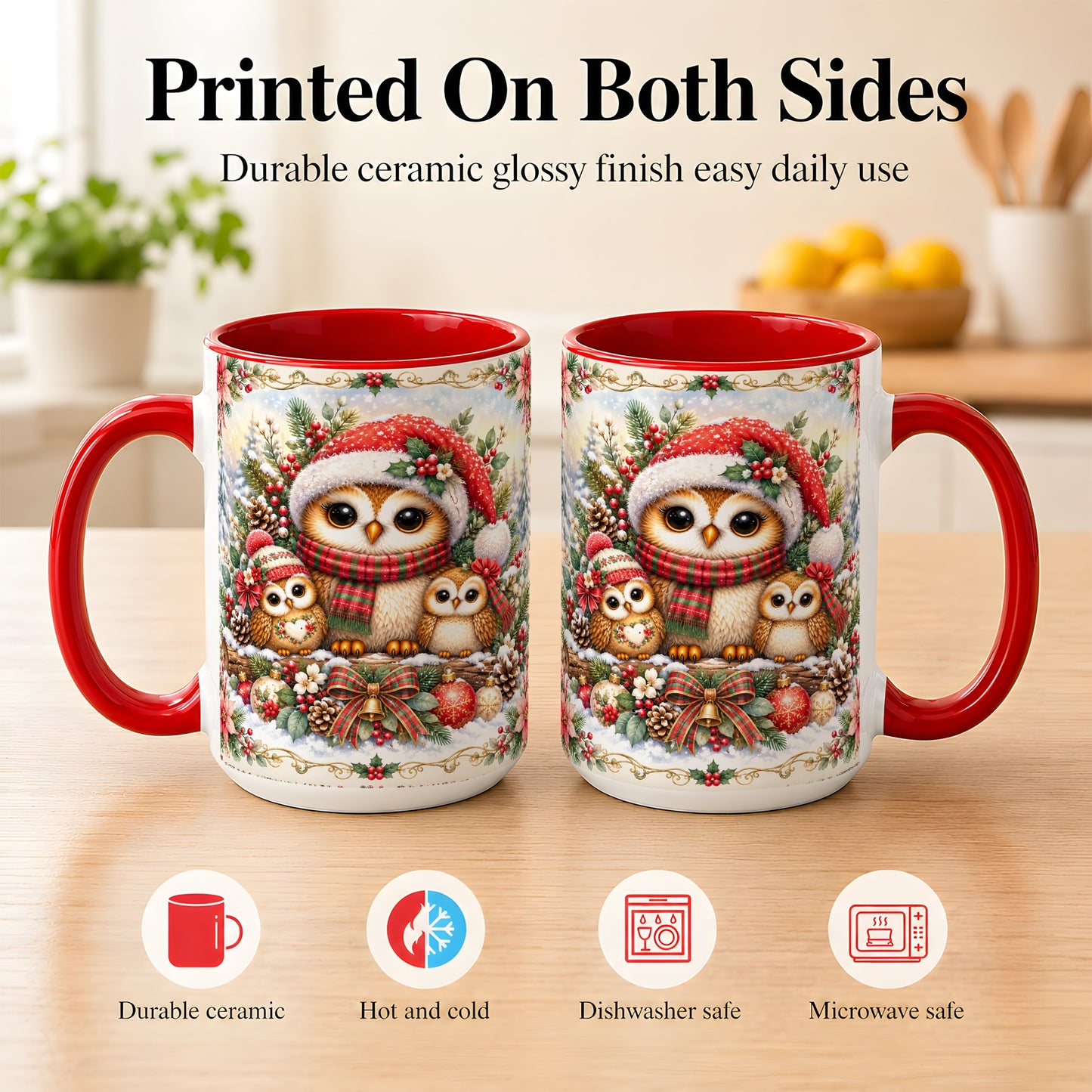 #pl[15oz|Red] Vintage Owl Family Coffee Mug, Christmas Owl Mug, Ceramic Cup