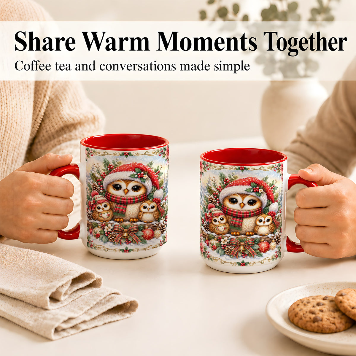 #pl[15oz|Red] Vintage Owl Family Coffee Mug, Christmas Owl Mug, Ceramic Cup