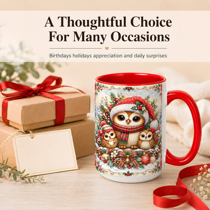 #pl[15oz|Red] Vintage Owl Family Coffee Mug, Christmas Owl Mug, Ceramic Cup