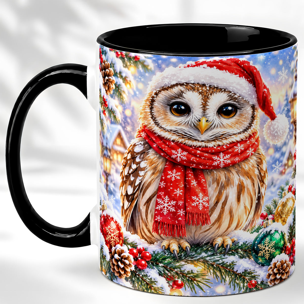 #pl[11oz|Black] Snowy Village Owl Coffee Mug, Christmas Bird Mug, Ceramic Cup