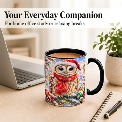 #pl[11oz|Black] Snowy Village Owl Coffee Mug, Christmas Bird Mug, Ceramic Cup