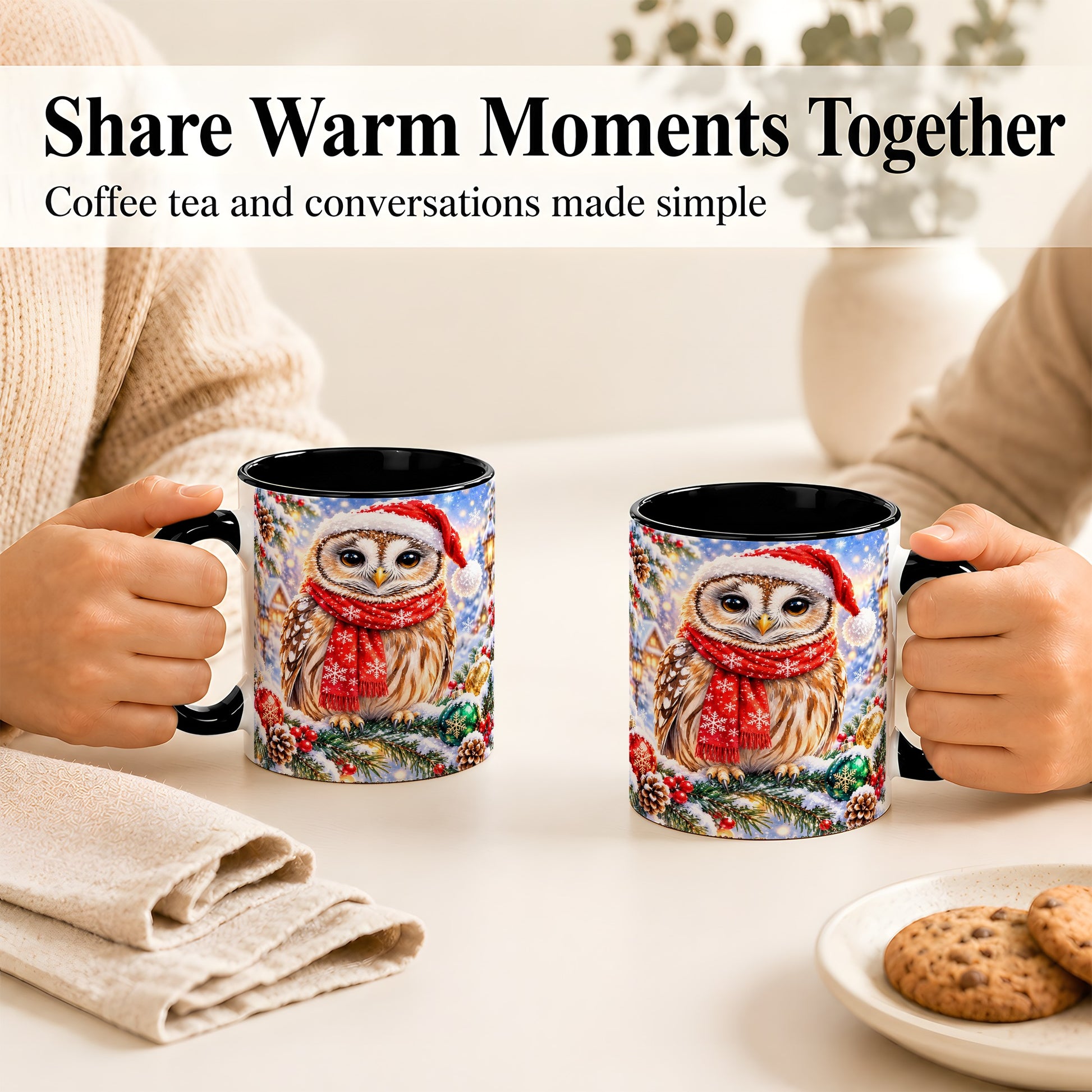 #pl[11oz|Black] Snowy Village Owl Coffee Mug, Christmas Bird Mug, Ceramic Cup