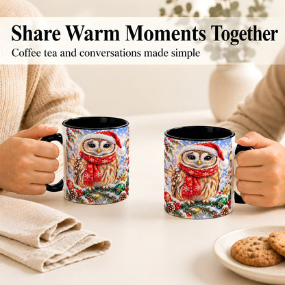 #pl[11oz|Black] Snowy Village Owl Coffee Mug, Christmas Bird Mug, Ceramic Cup