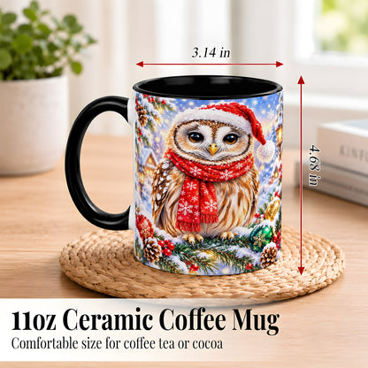 #pl[11oz|Black] Snowy Village Owl Coffee Mug, Christmas Bird Mug, Ceramic Cup
