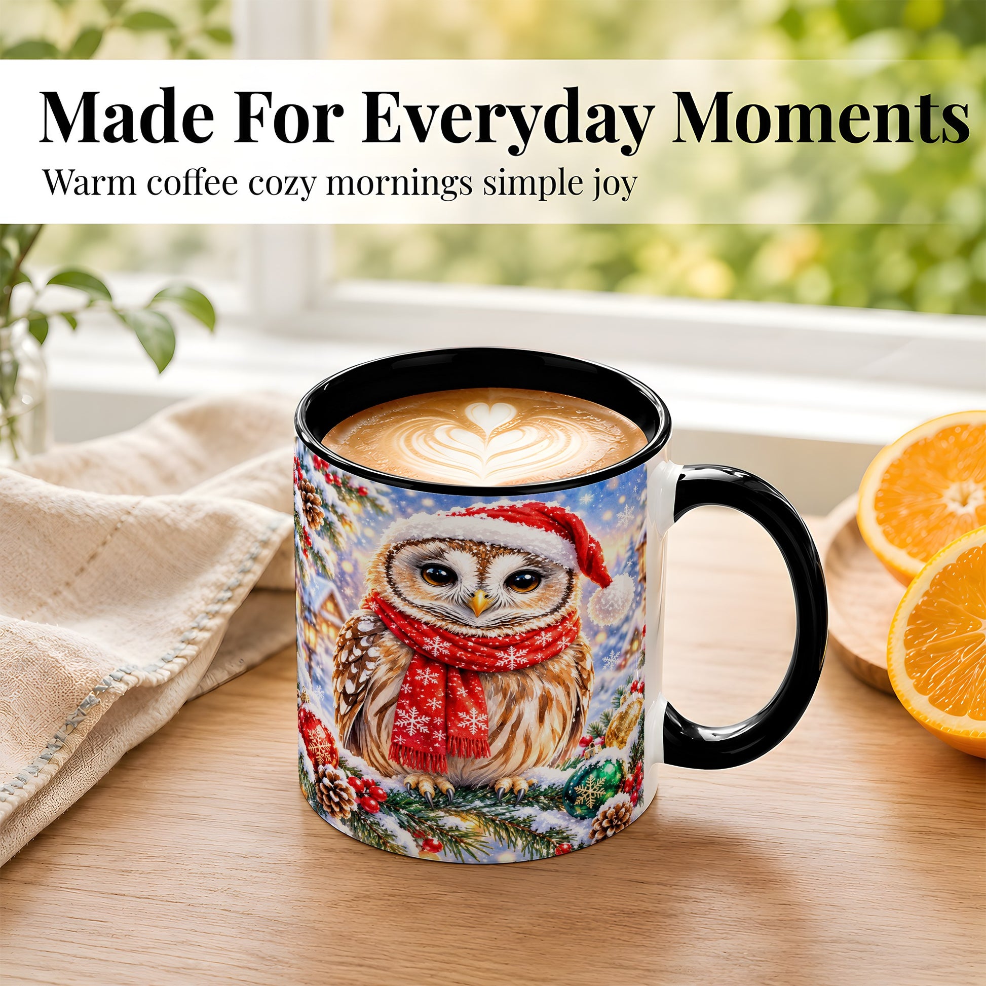 #pl[11oz|Black] Snowy Village Owl Coffee Mug, Christmas Bird Mug, Ceramic Cup