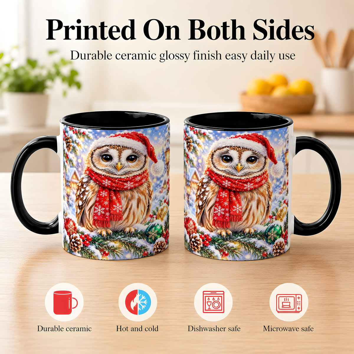 #pl[11oz|Black] Snowy Village Owl Coffee Mug, Christmas Bird Mug, Ceramic Cup