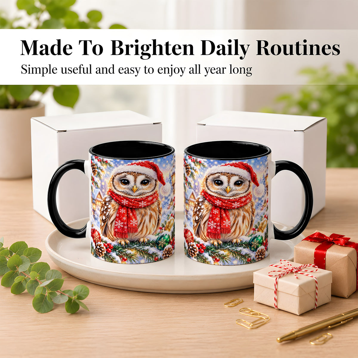 #pl[11oz|Black] Snowy Village Owl Coffee Mug, Christmas Bird Mug, Ceramic Cup