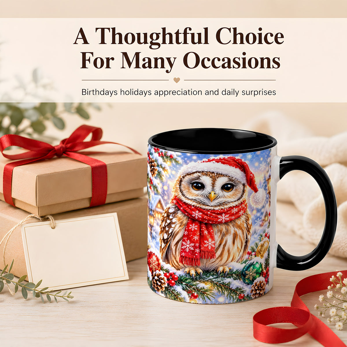 #pl[11oz|Black] Snowy Village Owl Coffee Mug, Christmas Bird Mug, Ceramic Cup