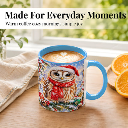 #pl[11oz|Blue] Snowy Village Owl Coffee Mug, Christmas Bird Mug, Ceramic Cup