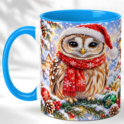 #pl[11oz|Blue] Snowy Village Owl Coffee Mug, Christmas Bird Mug, Ceramic Cup