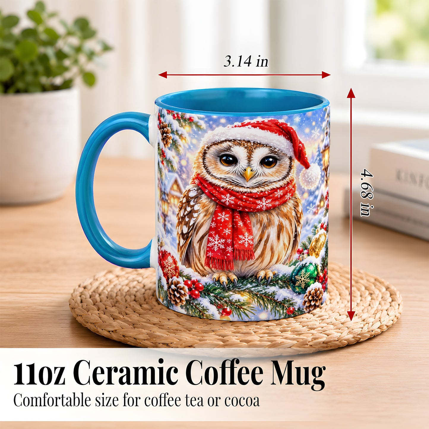 #pl[11oz|Blue] Snowy Village Owl Coffee Mug, Christmas Bird Mug, Ceramic Cup