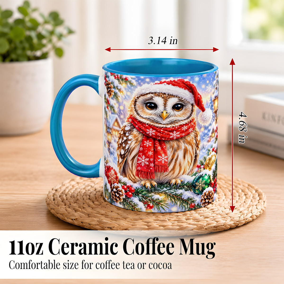 #pl[11oz|Blue] Snowy Village Owl Coffee Mug, Christmas Bird Mug, Ceramic Cup