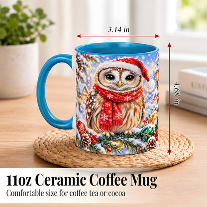 #pl[11oz|Blue] Snowy Village Owl Coffee Mug, Christmas Bird Mug, Ceramic Cup