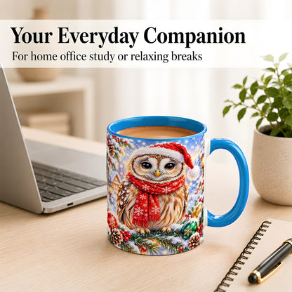 #pl[11oz|Blue] Snowy Village Owl Coffee Mug, Christmas Bird Mug, Ceramic Cup