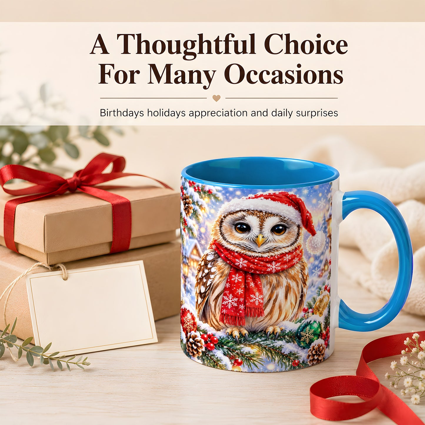 #pl[11oz|Blue] Snowy Village Owl Coffee Mug, Christmas Bird Mug, Ceramic Cup