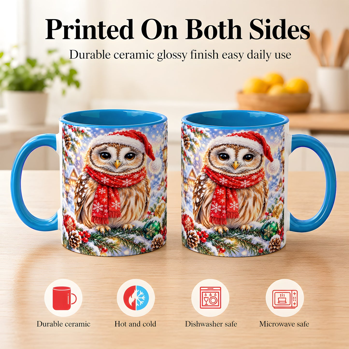 #pl[11oz|Blue] Snowy Village Owl Coffee Mug, Christmas Bird Mug, Ceramic Cup