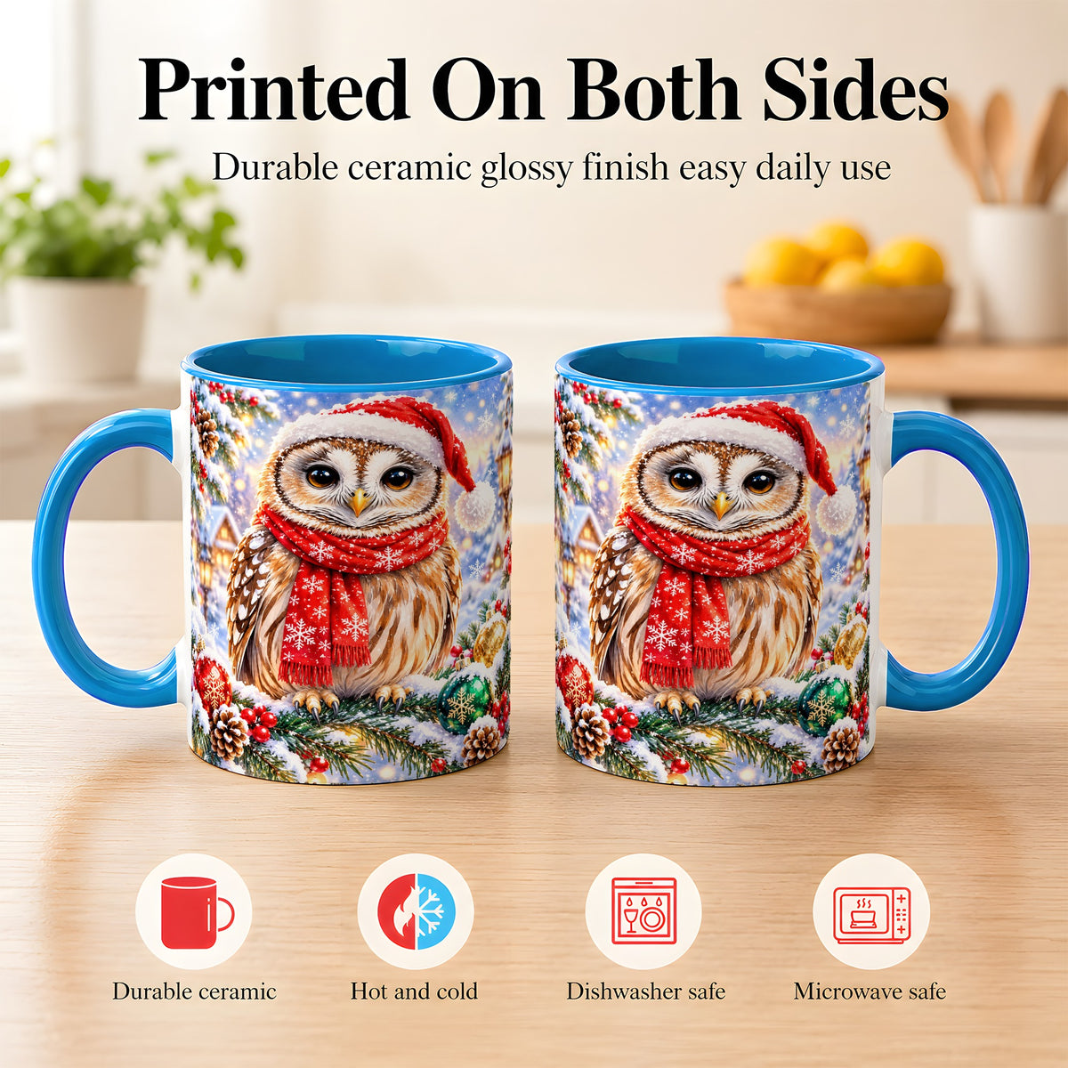 #pl[11oz|Blue] Snowy Village Owl Coffee Mug, Christmas Bird Mug, Ceramic Cup