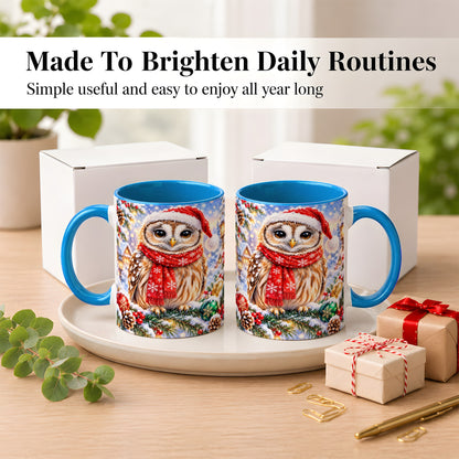 #pl[11oz|Blue] Snowy Village Owl Coffee Mug, Christmas Bird Mug, Ceramic Cup