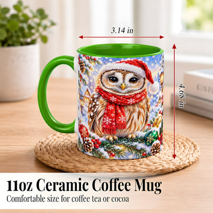 #pl[11oz|Green] Snowy Village Owl Coffee Mug, Christmas Bird Mug, Ceramic Cup