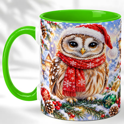 #pl[11oz|Green] Snowy Village Owl Coffee Mug, Christmas Bird Mug, Ceramic Cup