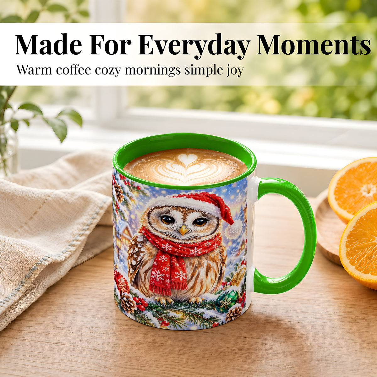 #pl[11oz|Green] Snowy Village Owl Coffee Mug, Christmas Bird Mug, Ceramic Cup