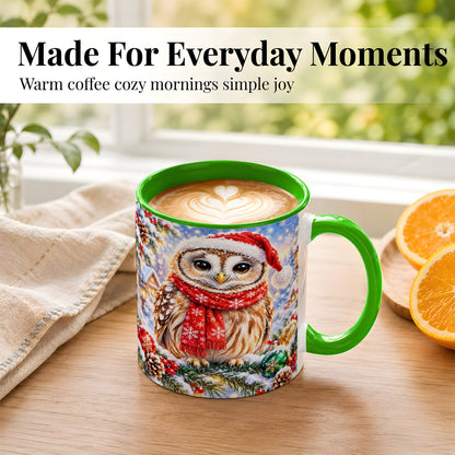 #pl[11oz|Green] Snowy Village Owl Coffee Mug, Christmas Bird Mug, Ceramic Cup