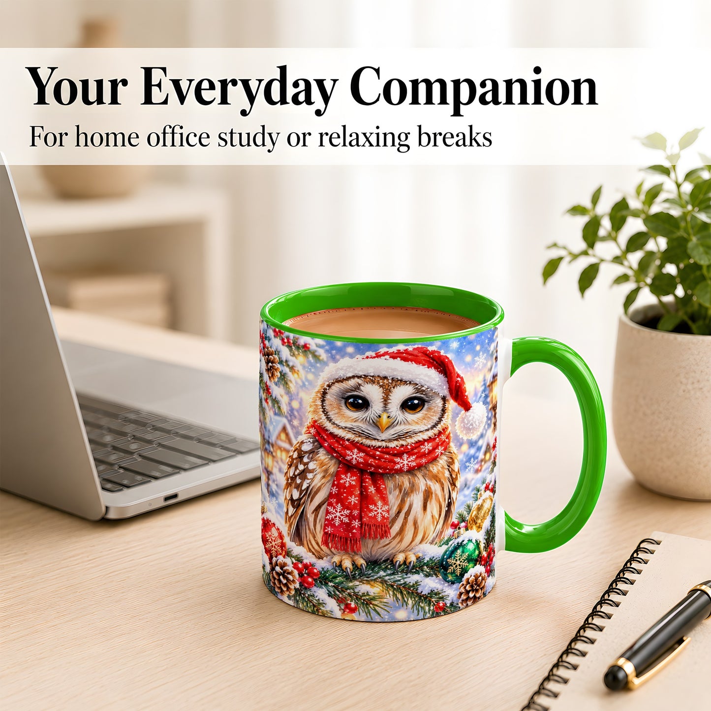 #pl[11oz|Green] Snowy Village Owl Coffee Mug, Christmas Bird Mug, Ceramic Cup