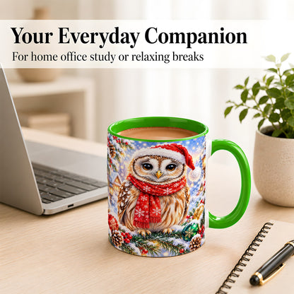 #pl[11oz|Green] Snowy Village Owl Coffee Mug, Christmas Bird Mug, Ceramic Cup